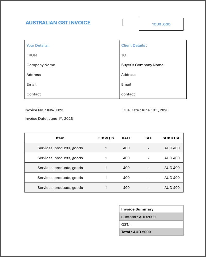 Free Australian GST Invoice Template